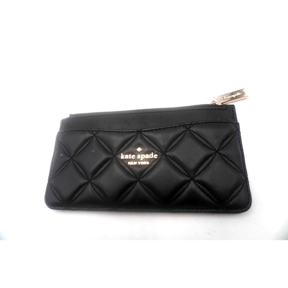 Kate Spake Natalia Black Quilted Leather Large Slim Card Holder Zip Coin Pouch - Picture 1 of 6